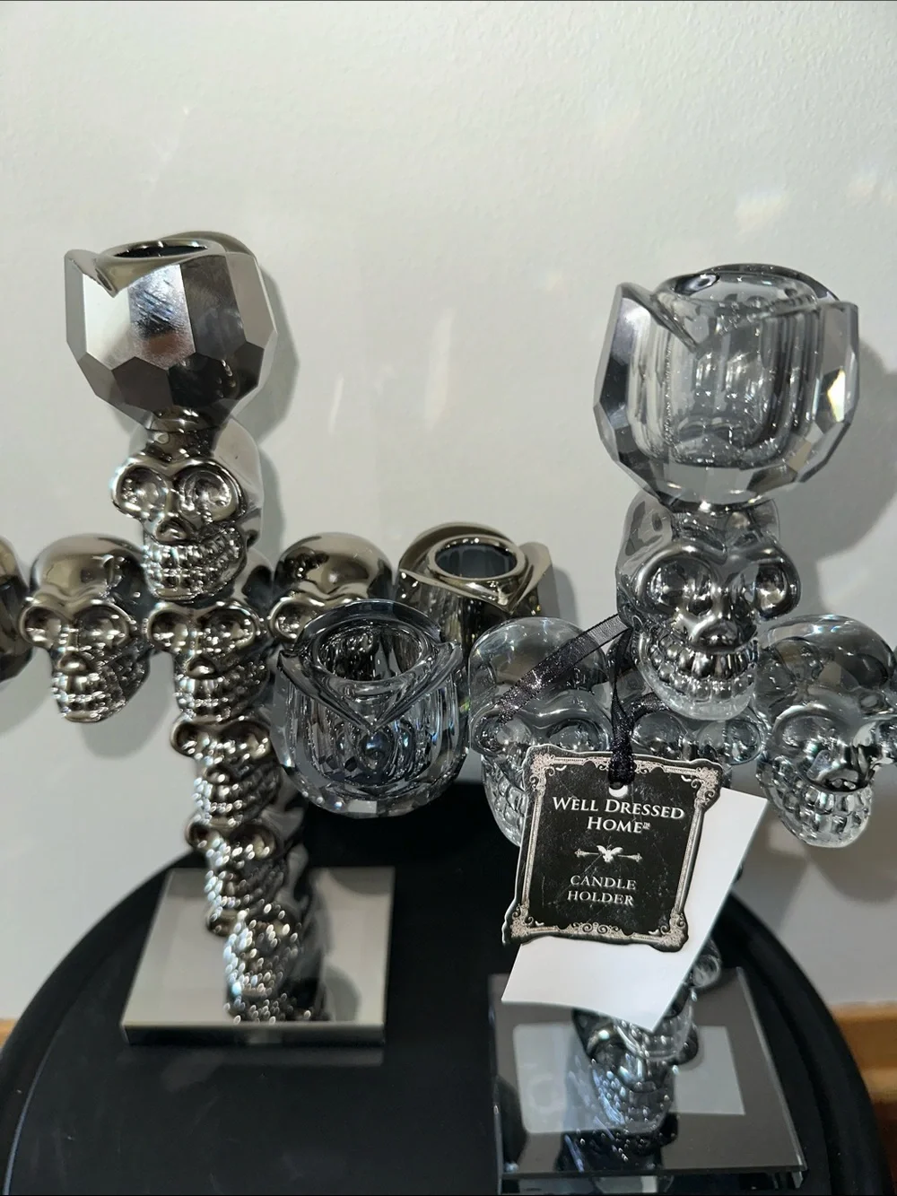 Crystal Silver Skull Cross Candle Holder set